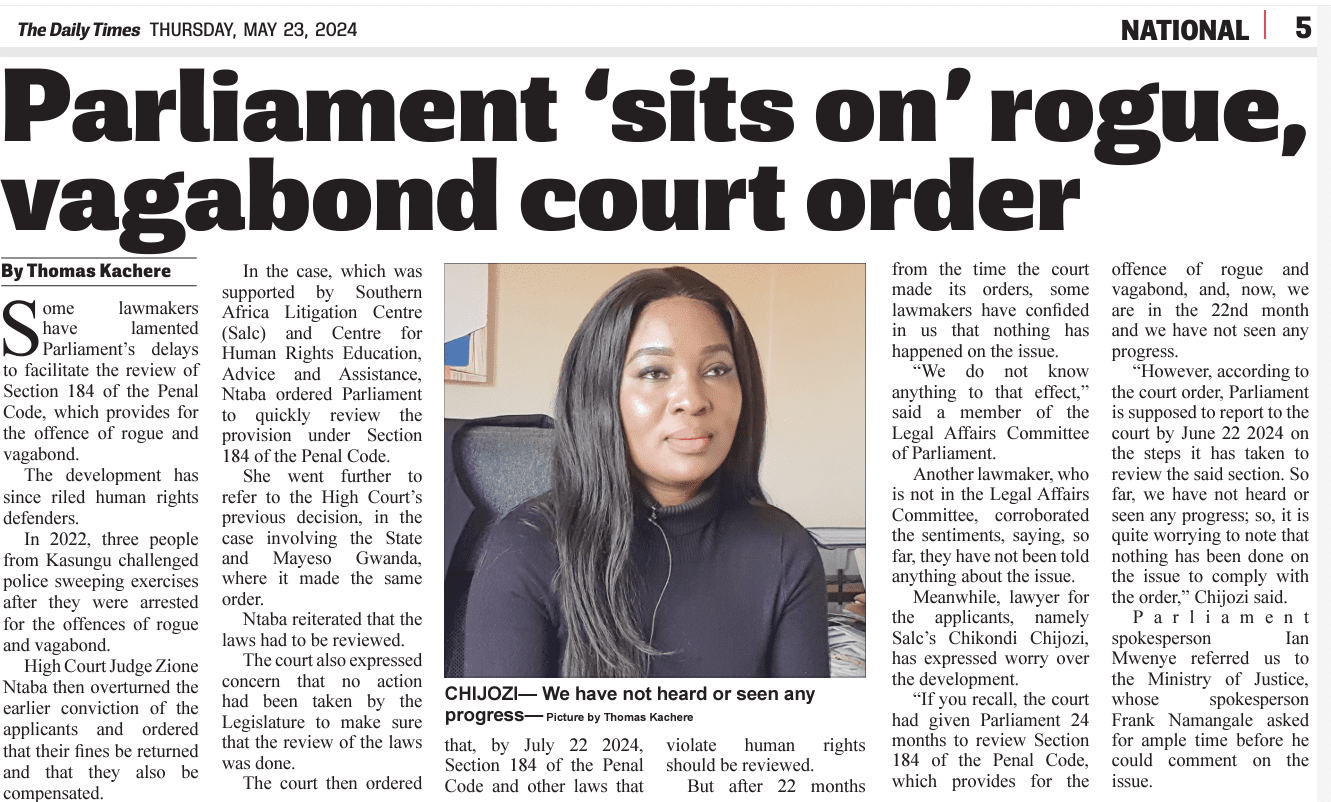 Parliament 'sits on' rogue, vagabond court order - Southern Africa Litigation Centre - Vimarsana News